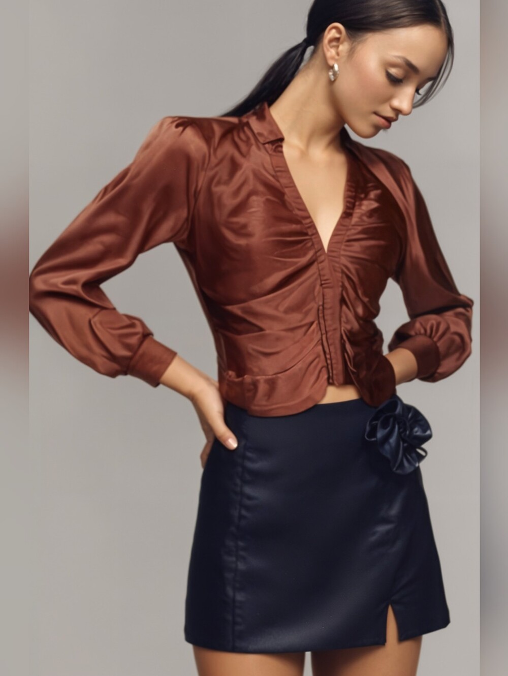 NWT Anthropologie ASTR the Label Cinnamon Brown Satin Ruched Blouse